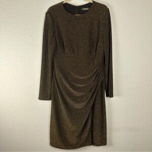 Lauren Ralph Lauren Black Gold Metallic Sparkles Ruche Side Pleated Sheath Dress